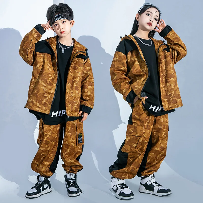 

Children Boys Girls Sport Camouflage Hooded Jacket Pant Sets Kids Spring Autumn Coat Cargo Pant Tracksuits Dance Clothes Costume