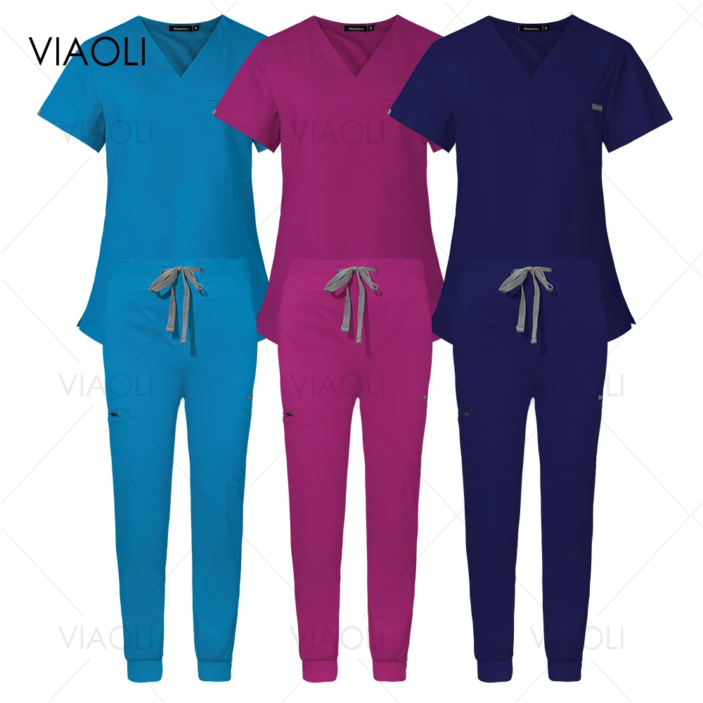 Women's Surgical Jogger Scrub Set Short Sleeve Tops and Pants Medical Nursing Uniforms Multicoloured Working Clothes Mens Scrubs