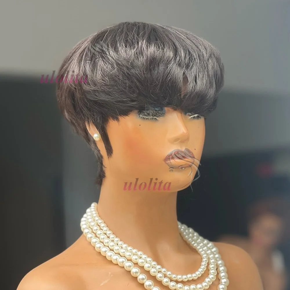Short Straight Bob Wig Pixie Cut Wig Human Hair For Black Women With Bangs Brazilian Virgin Hair Non Lace front Cheap Wig Black image 5