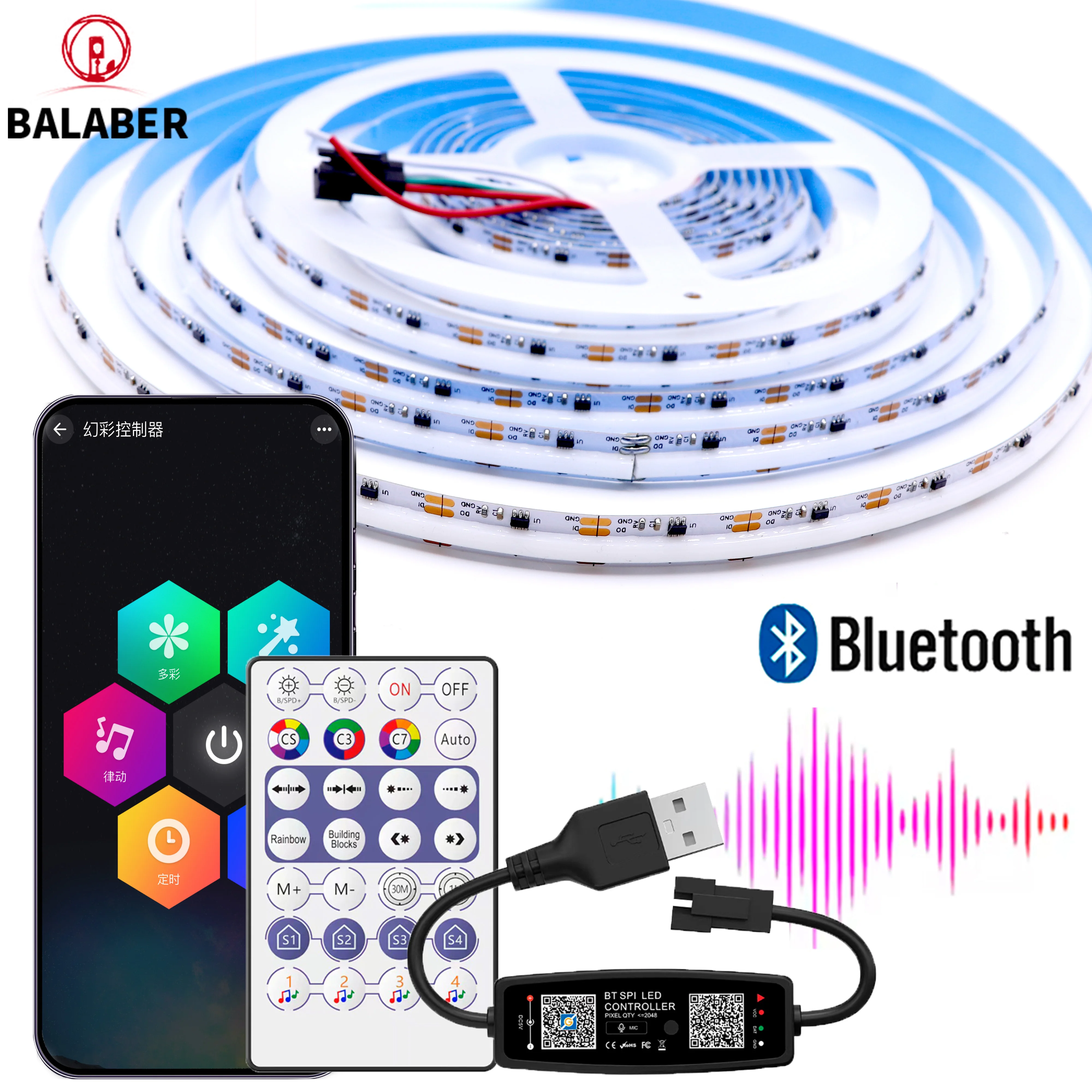 5V RGB COB Strip WS2811 Bluetooth Smart Controller APP Control 720LEDs/m Sound-Activated & Music Modes Running/Waterfall Effects