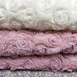 100x140cm 3D Flower Rose Fabric PV Rabbit Velvet Embroider Clothing Dress Pillow Plush Toy Fashion Fabric DIY Sewing Accessories