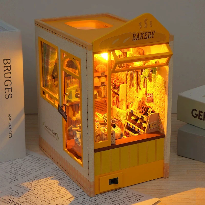 

OUZEY DIY Wooden Miniature Bakery Shop Book Nook Shelf Insert Furniture Bookshelf Bookend Model Kits for Friends Birthday Gifts