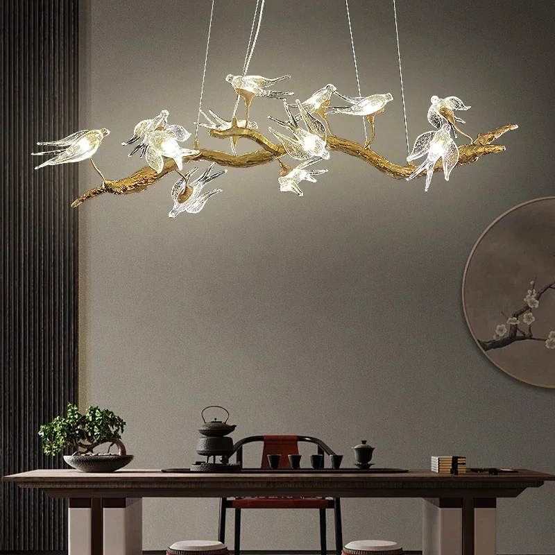

Creative Swallow Chandelier for Dining Room Chinese Style Bird Glass Hanging Lamp Kitchen Island Vintage Retro Copper Home Decor