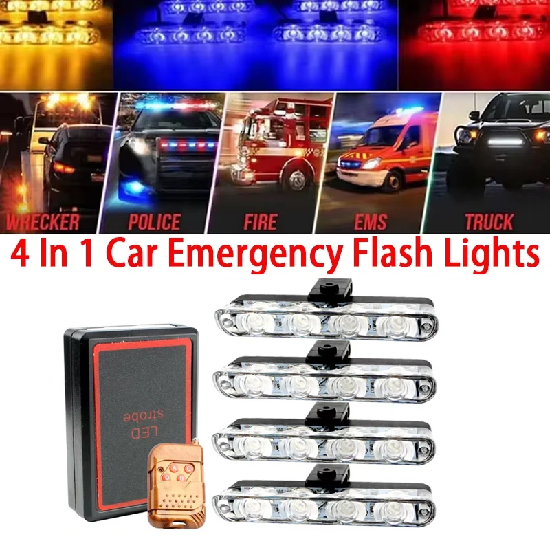 

4 In 1 LED Car Emergency Strobe Warning Light 12V with Wireless Remote Control Flash Grille Light for Car Trailer Truck SUV