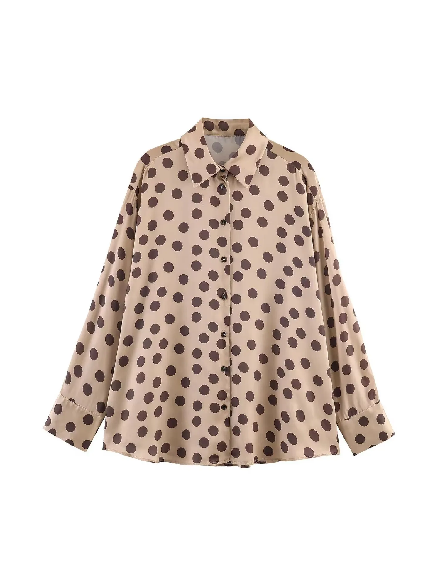 Women Khaki Polka-dot Shirts Blouses Y2k Vintage 2000s Korean Style Elegant Long Sleeve Polo-Neck Shirt For Women Clothes Spring