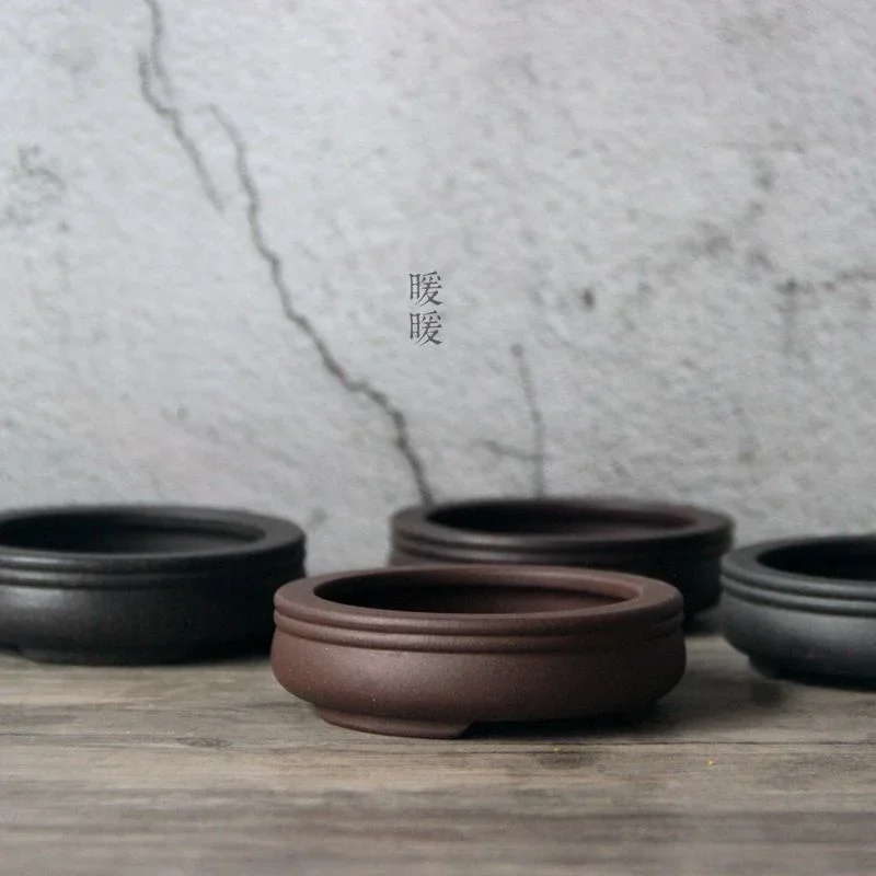 yesCeramic Circle Bonsai Pot,Plate,Purple-sand,Nature,Tradition China,Dormitory Table Room Garden Home Table Decoration