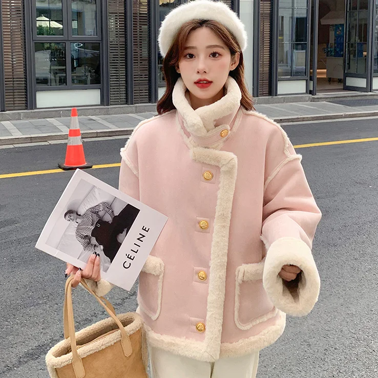 

Pink Sherpa Cashmere Jacket Ladies Short Winter Fur Solid Color Loose Stitching Long Sleeve Small Korean Style Thickening New