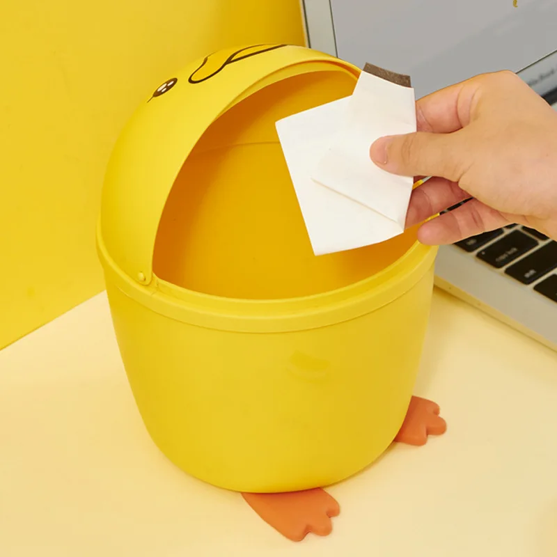 Creative Desktop Fliping Type Trash Can with Lid Kawaii Cute Duck Office Paper Basket Mini Trash Bin Storage Bucket Organizer