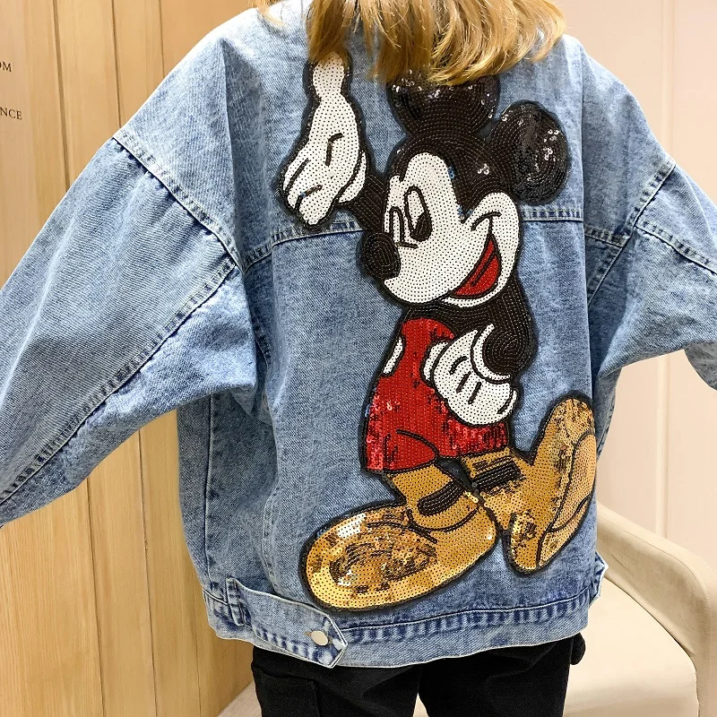 2024 Spring And Autumn New Embroidery Sequin Cartoon Oversized Denim Coat Women\'s Loose Korean Style Mid-Length Jeans Chaquetas