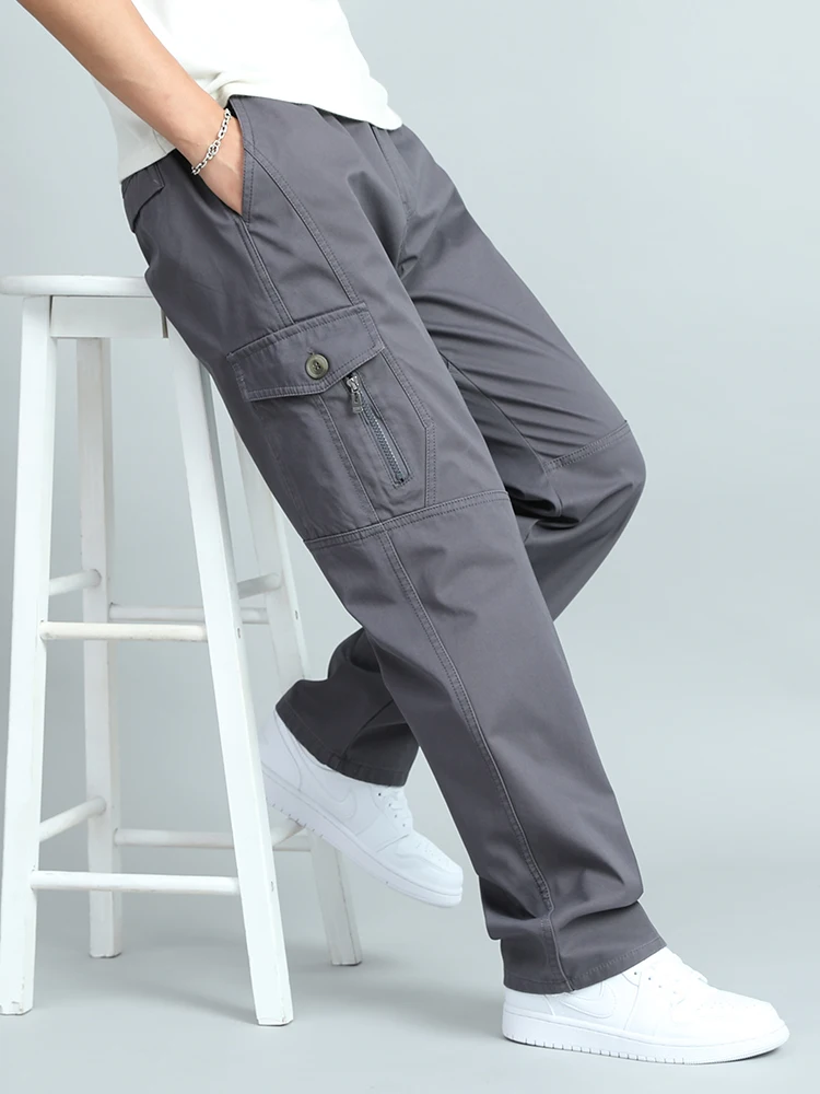 Pantalones de trabajo finos de algodón puro para primavera y otoño, pantalones informales holgados y rectos para hombre de mediana edad y ly, Multi ket, talla grande