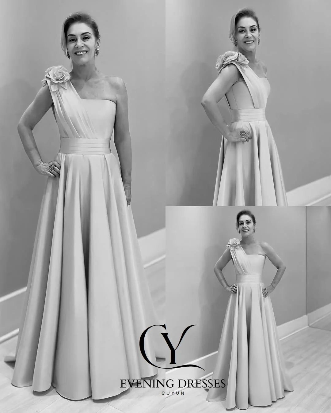 CUYUN-vestidos de fiesta elegantes para invitados de boda, vestido de noche de flores hecho a mano con un hombro, vestido de fiesta de satén de línea A personalizado