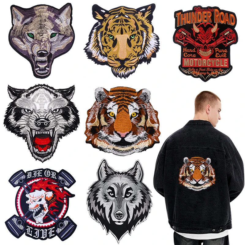 Punk Large Patch Tiger Embroidery Patches For Clothing Motorcycle Biker Iron On Patches On Clothes Jacket Back Sewing Patch DIY