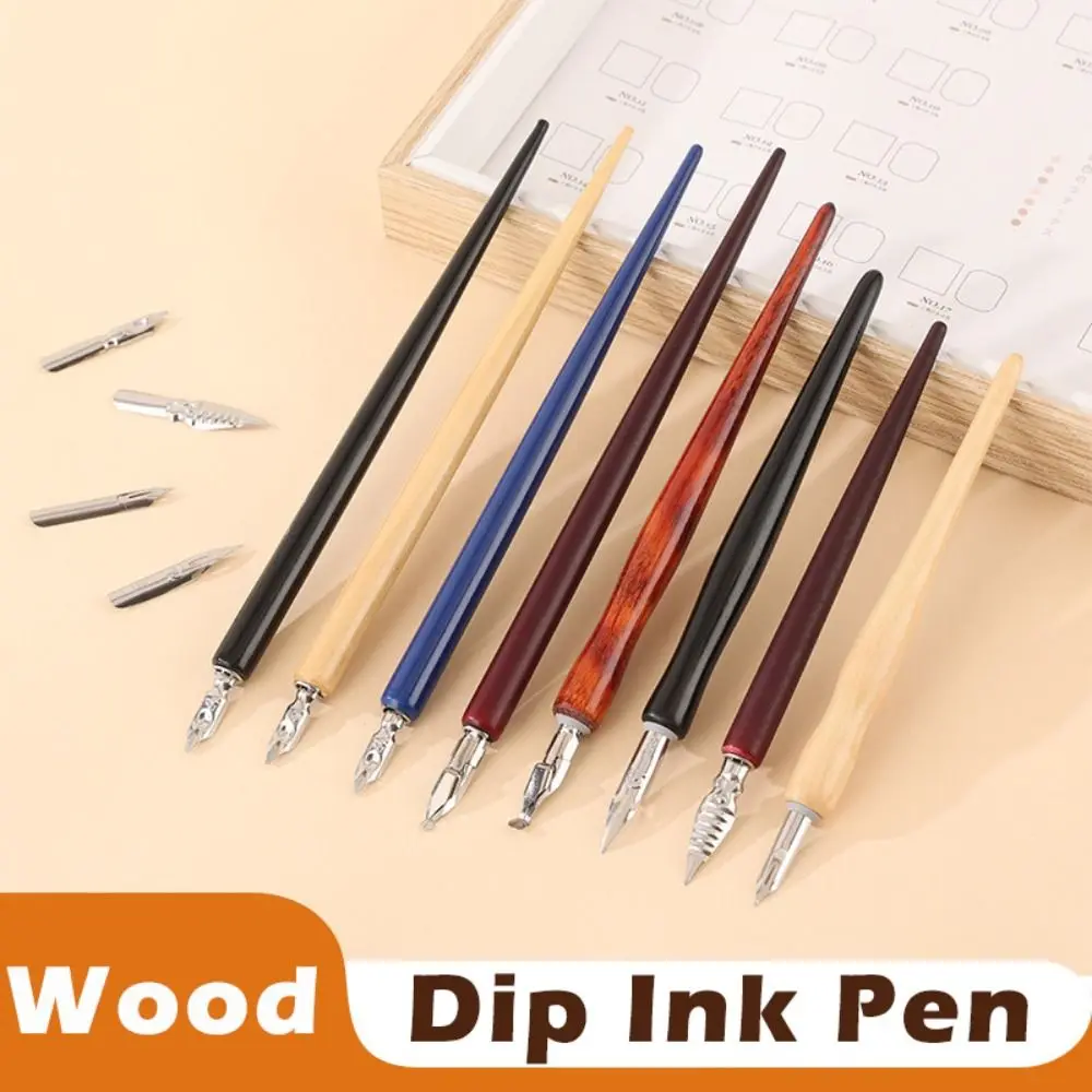 

1pcs High Quality Wooden Rod Dip Pen Stainless Steel Tip Calligraphy Pen English Pen Comic Design
