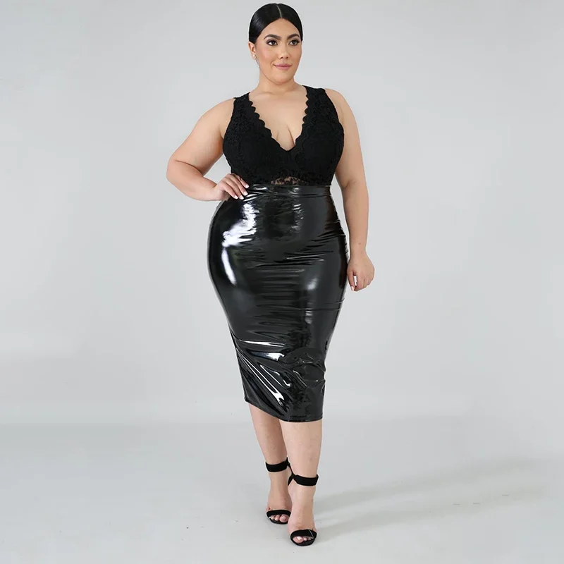 High Waist Faux Latex Skirts Women Plus Size PU Leather Midi Skirts Back Zip Ladies Bodycon Stretchy Skirt Hem Split 7XL Custom