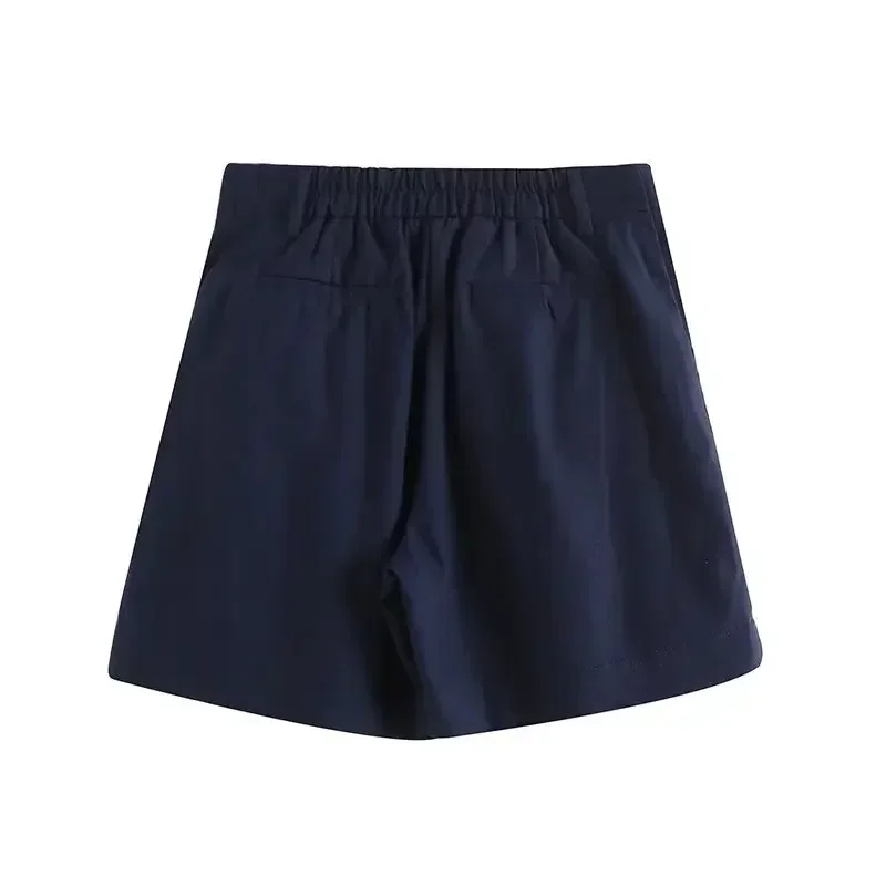 2023 Ladies Fashion Chic Casual Solid Color Side Pocket Pleated Wild Straight Shorts Retro Elastic Waist Shorts Pantalones