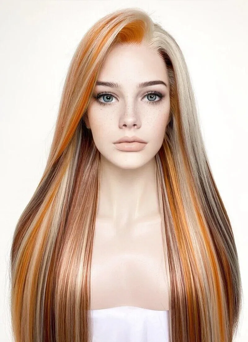 

Inspired by Rock Mixed Orange Brown Long Straight Wig Premium Synthetic Lace Wig