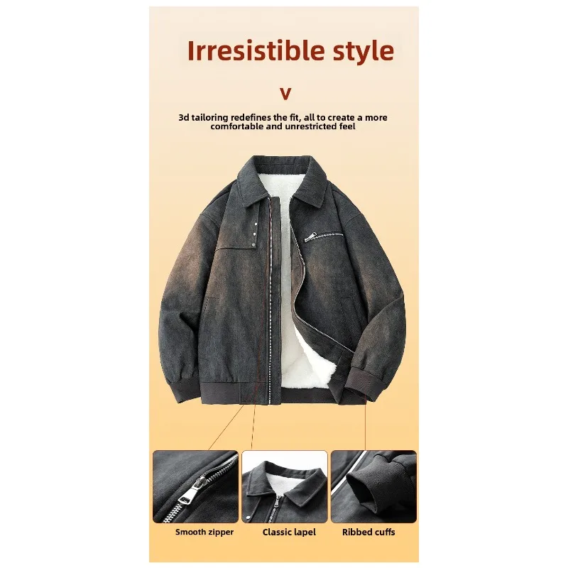 

Stylish Lapel Casual Jacket for Autumn Outdoor Cycling Large-sized Mens Fleece and Thickened PU Leather Retro Leather Jacket