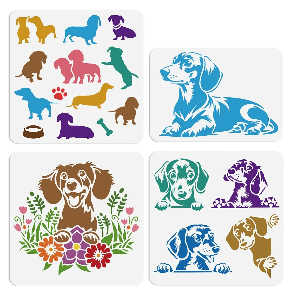 4 Stück, 4 Stile, niedliche Welpen-PET-Schablonen zum Ausstechen und Malen für DIY-Scrapbook-Fotoalben, Hund, 210~300x297~300mm, 1 Stück/Stil