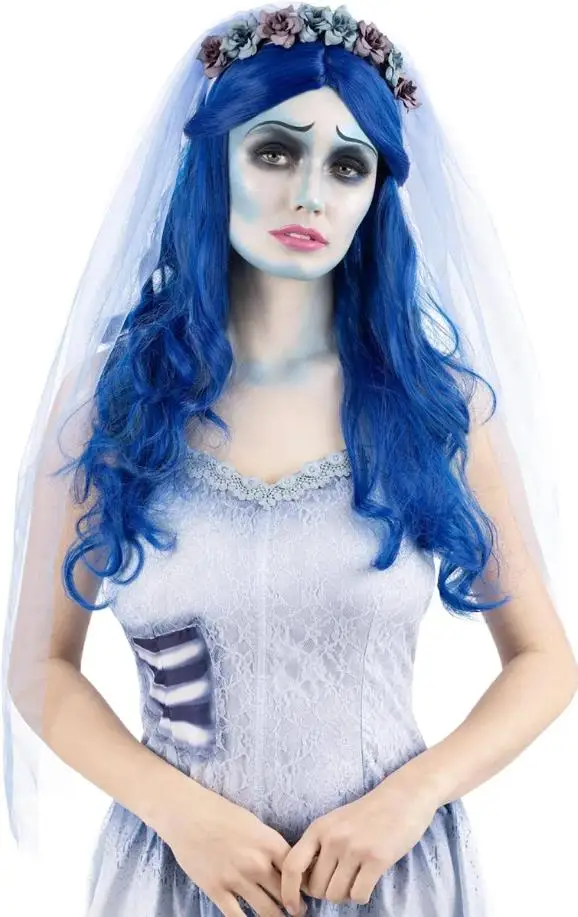 Smiffys Corpse Bride Perücke Tim Burton Warner Brothers Halloween Kostüm-Accessoire Lange Blaue Wellige Haare Cosplay Perücken