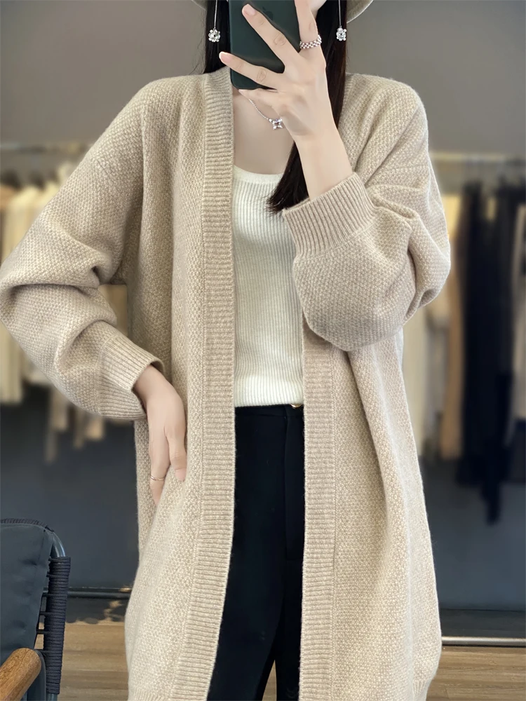 

Fimora Women Long Cardigan Autumn Winter Cashmere Sweater Casual Loose Basic Clothing 100% Merino Wool Knitwear Korean Style Top