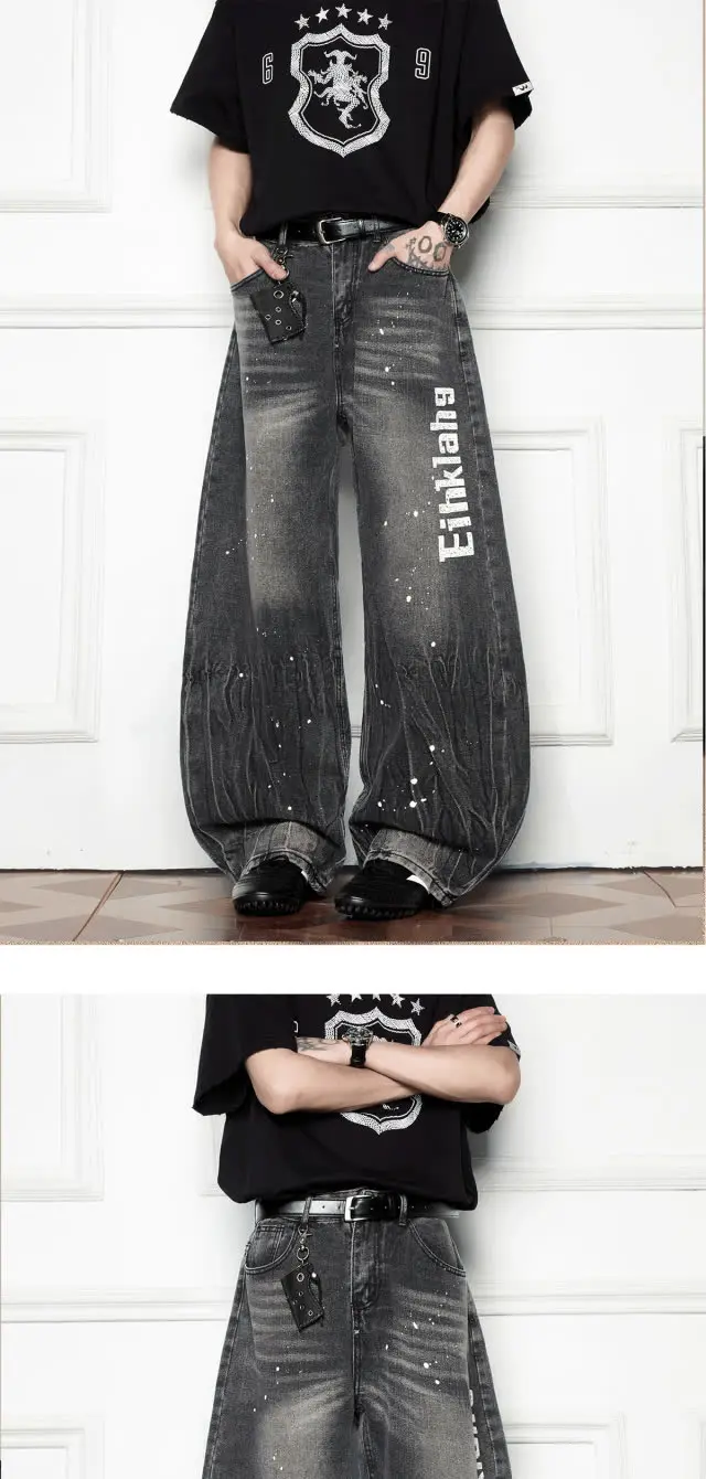 2025 Cyber Y2K Streetwear Tinte Brief Gedruckt Baggy Neue Jeans Hosen Für Männer Kleidung Harajuku Breite Bein Vintage Grau Lange Hosen – Detail 4