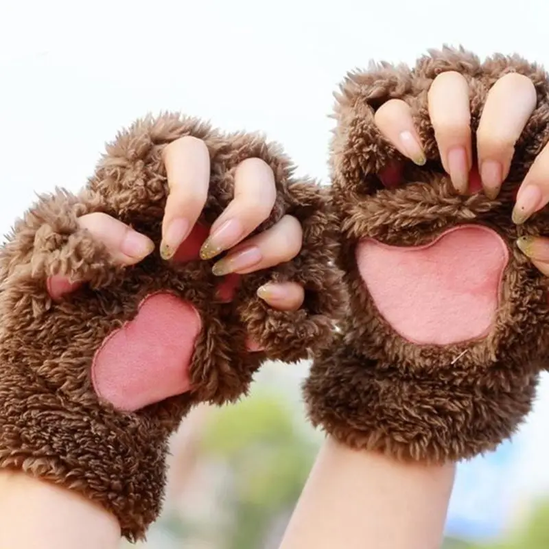 50JB Women Girls Lovely for Cat Paw Claw Thick Half Fingerless Gloves Plush