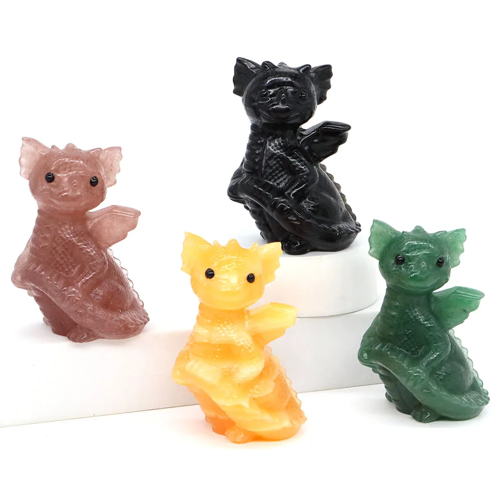 

2.3" Q-version Flying Dragon Natural Stone Healing Crystals Rose Quartz Yellow Jade Carved Animal Figurine Gem Crafts Home Decor