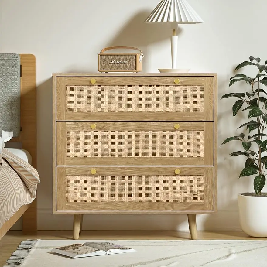 

3 Drawer Dresser for Bedroom, Rattan Dresser Modern Wood Chest of Drawers with Spacious Storage for Bedroom Hallway Living Room