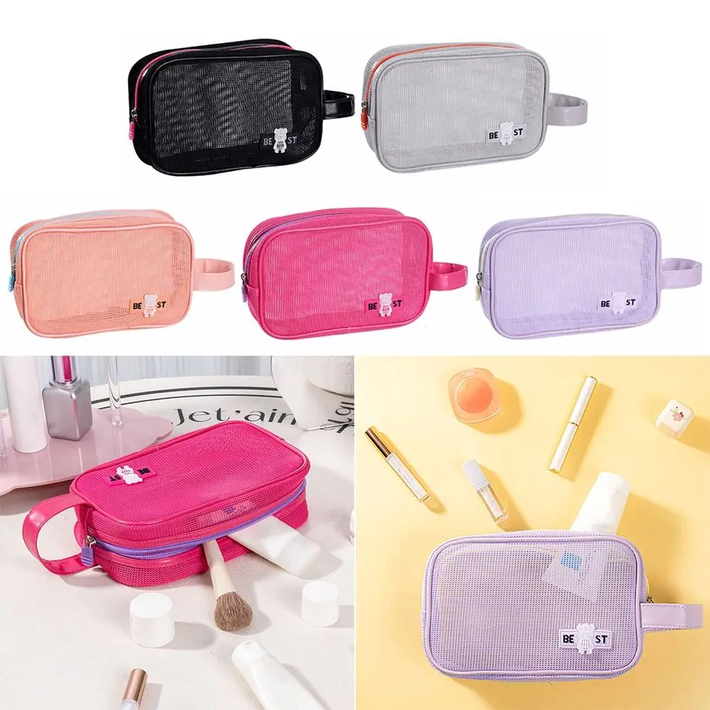 Durable Mesh Makeup Bag Large Capacity Zipper Cosmetic Bag With Handle Portable Travel Organizer