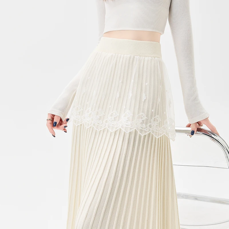 

Streetwear Knitted Midi Skirt Women Fashion Lace Patchwork Black Pleated Skirts Winter Y2K Korean Design Casual A Line Faldas