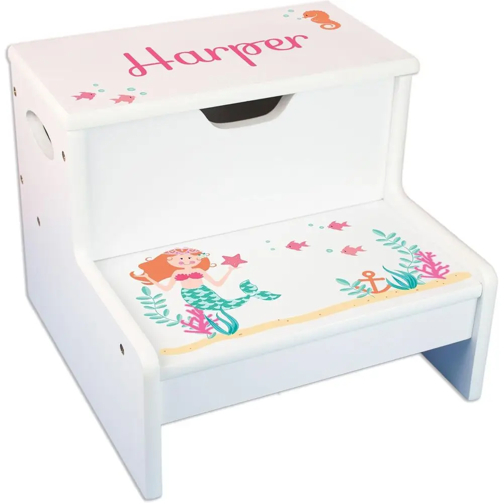 

Mermaid-Themed Kids Step Stool with Storage and Custom Name for Bathroom and Kitchen Use