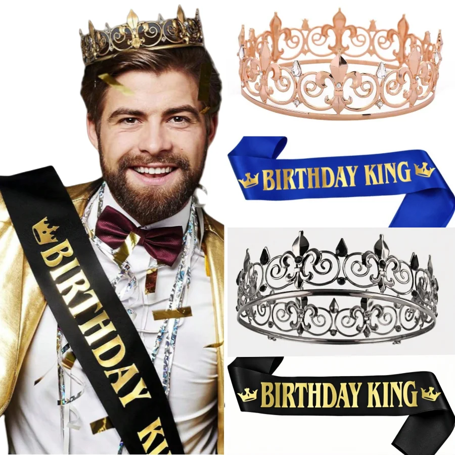 Corona de Rey con Banda y Cinta para Cumpleaños, Corona de Rey Dorada Real para Hombres, Decoración de Fiesta, Regalos de Cumpleaños para Hombres, Corona de Concurso de Realeza