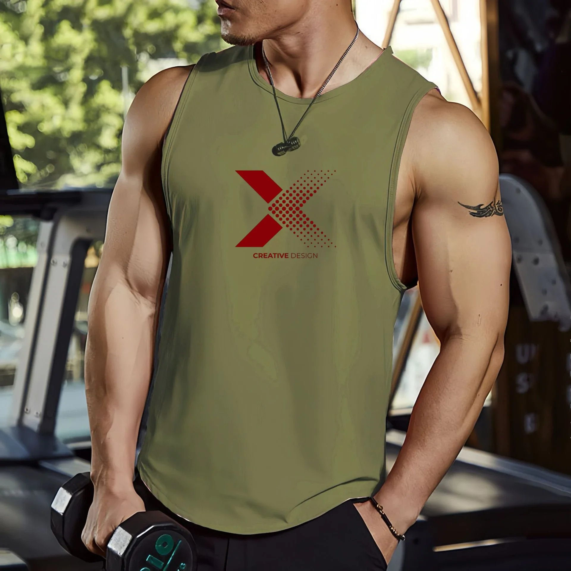 

Trendy Men's Fitness Vest Sleeveless X Logo Print in Fluorescent Green Gym Wear Street Style