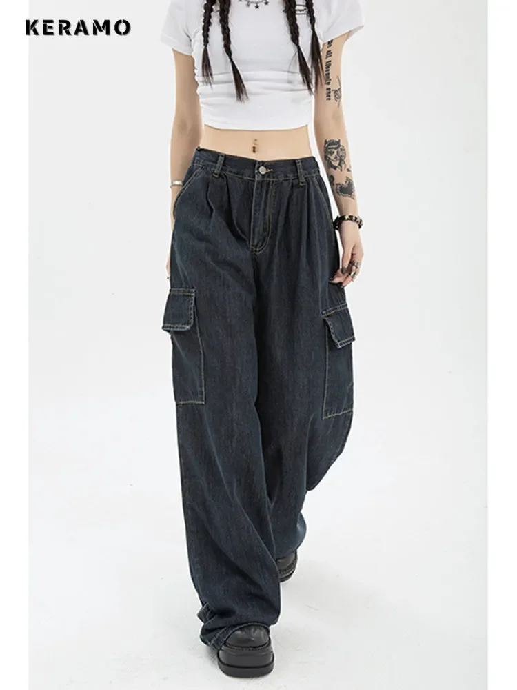 Autumn Women Harajuku Cargo Baggy Blue Jeans Streetwear Hip Hop Oversize Casual Wide Leg Vintage Demin Pants Y2k Loose Trousers