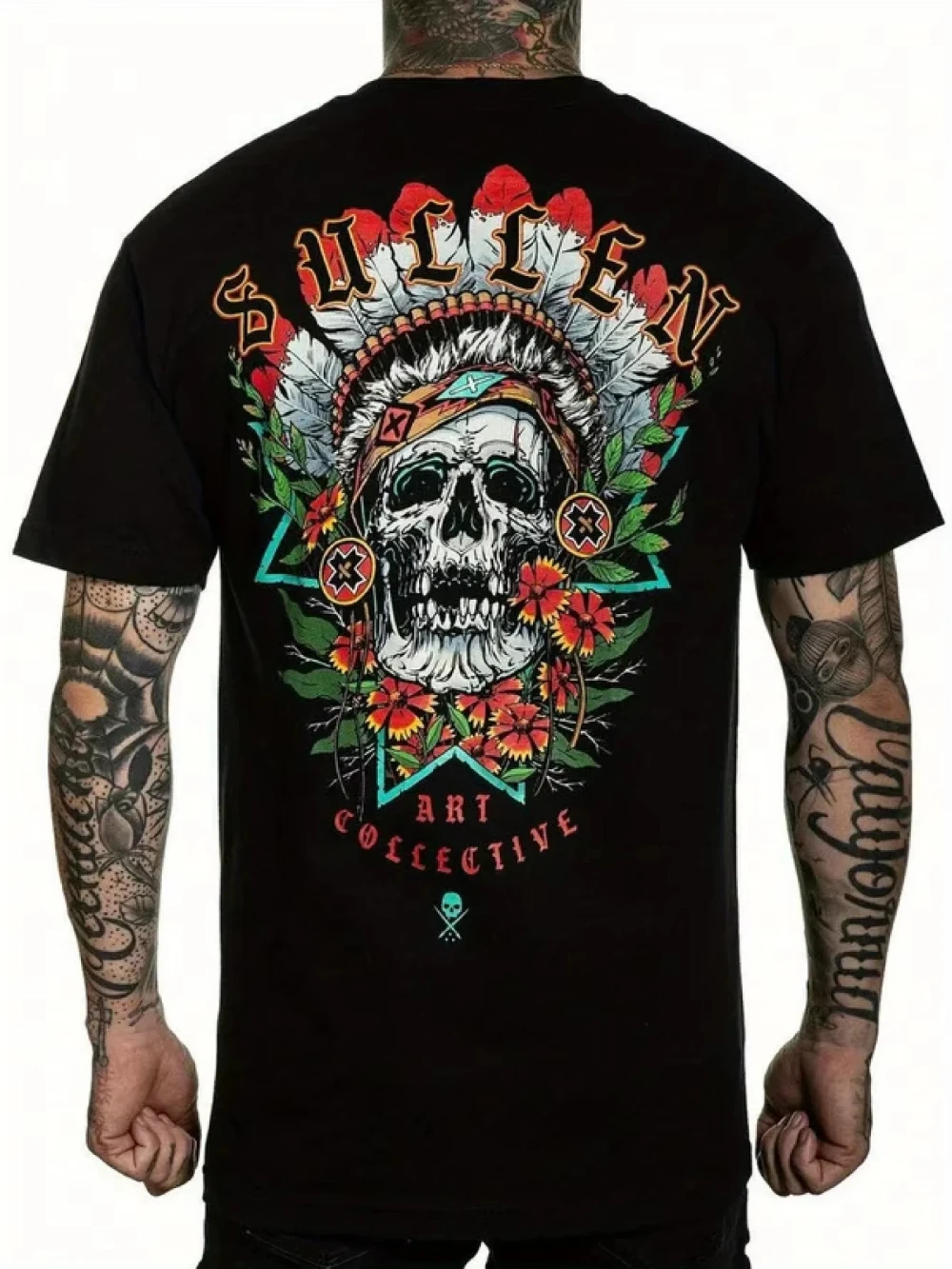 スレン メンズ ボヘミアン スカル タトゥー グラフィック Tシャツ プレミアムコットン 半袖 ブラック 鮮やかな花柄デザイン 2025年夏新作