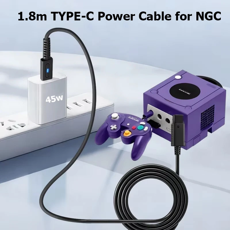 1.8M Black USB-C to NGC Power Cable Type-C 45W PD Charging Cord for GameCube Retro Game Console