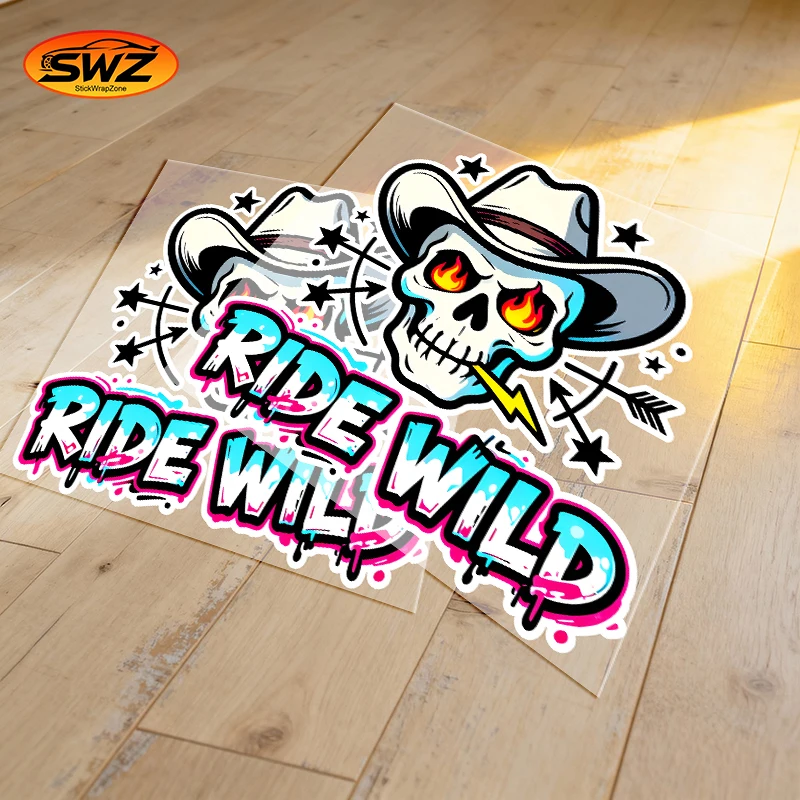 

Ride Wild Cowboy Skull Car Sticker – Flame Eye Vinyl Decal for Truck, SUV, Motorcycle, Hot Rod | Waterproof, Fade-Resistant