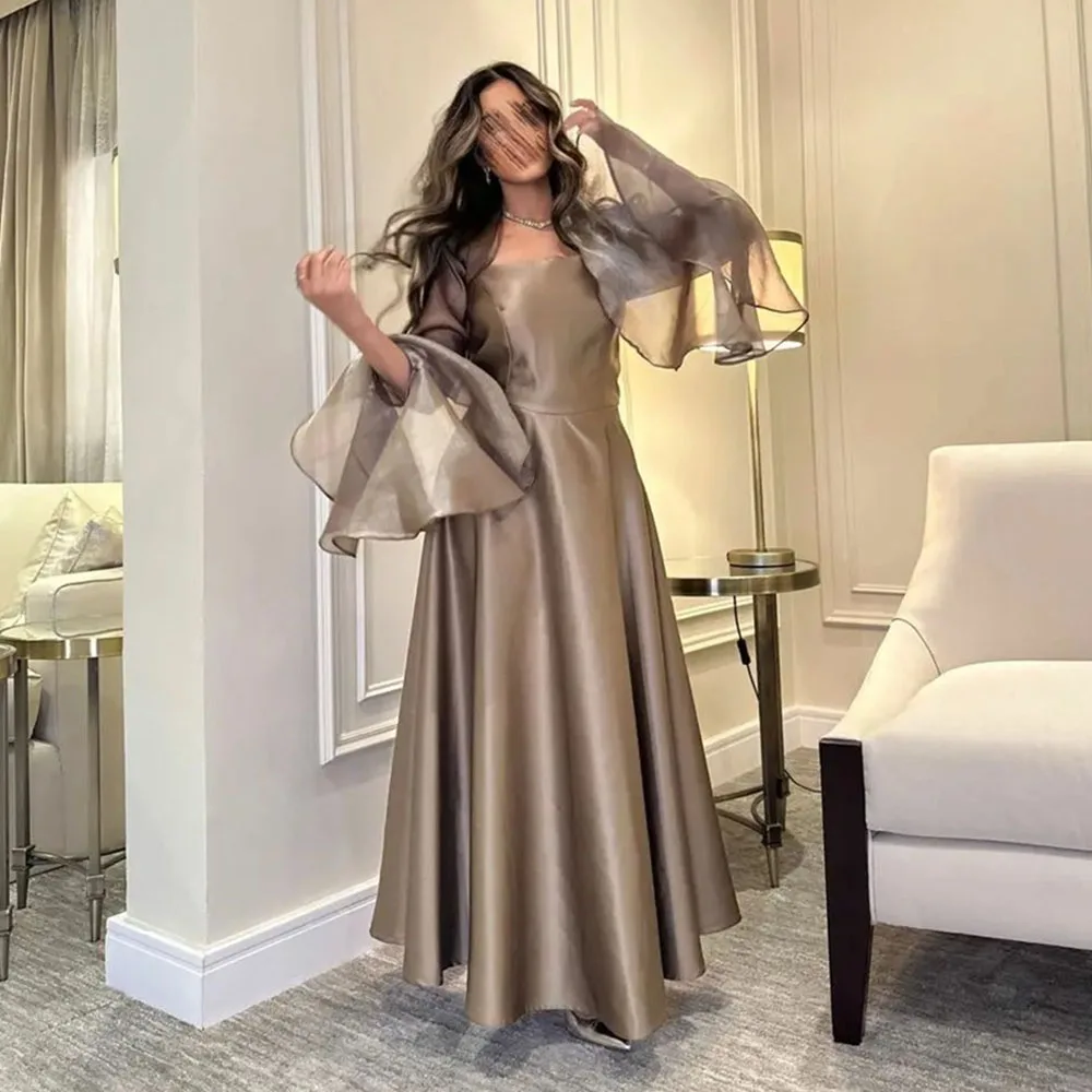 

Full Sleeve Backless Prom Gown Satin Draped Sexy Party Dress Square Collar A-Line Simple Pleat Evening Dresses فساتين الحفلات