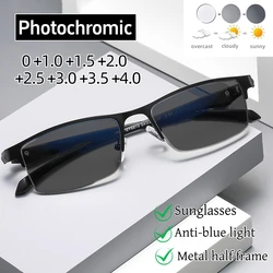 Men Trendy Photochromic Reading Glasses Anti Blue Light Far Sighted Eyewear for Business Outdoor Sunglasses Goggle Diopter +4.0