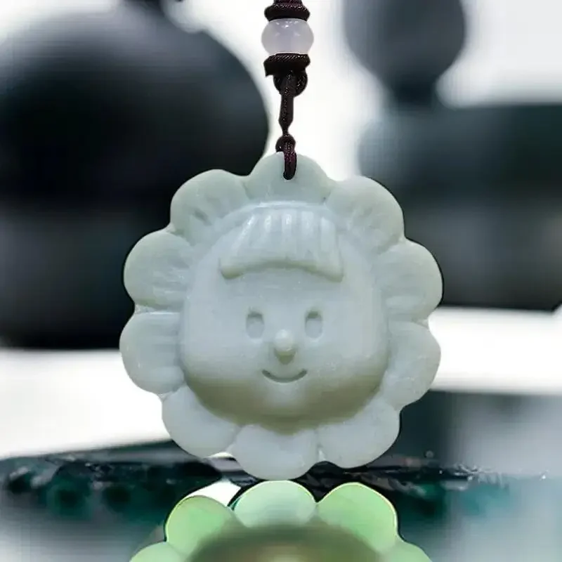 

Natural Real Jade Sunflower Girl Pendant Necklace Luxury Fashion Amulet Carved Jewelry Talismans Vintage Gifts for Women Men