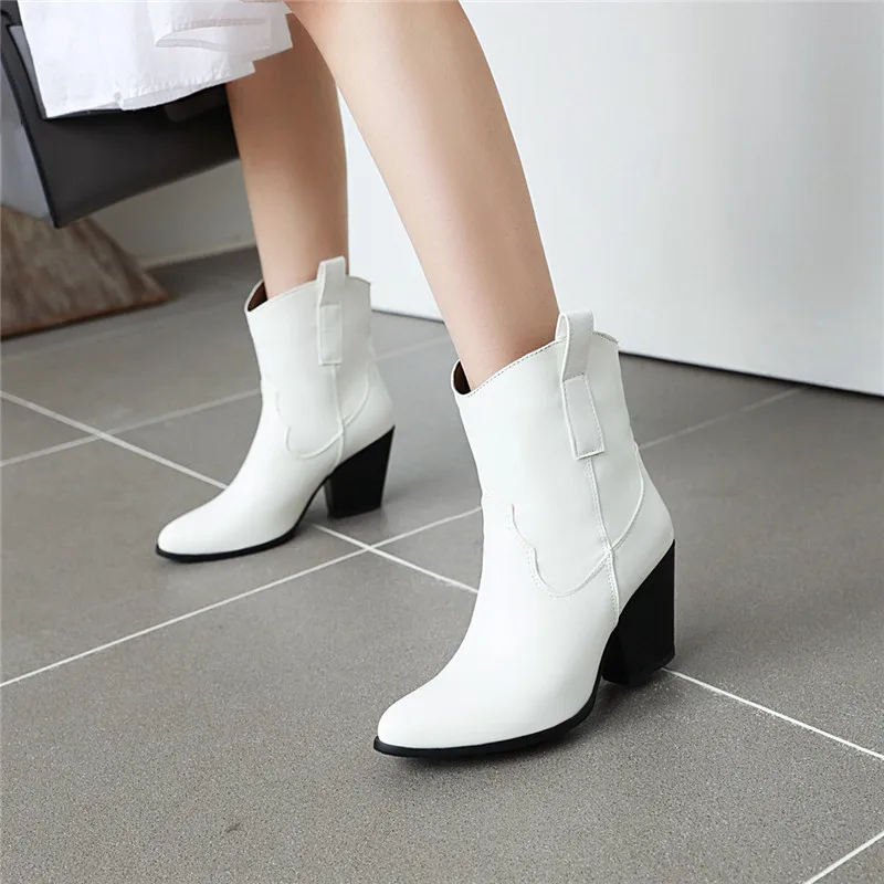 

YMECHIC 2025: белые, черные, коричневые женские ботильоны, швейные слипоны на блочном высоком каблуке, ботильоны в стиле вестерн, женская обувь в стиле пастушки