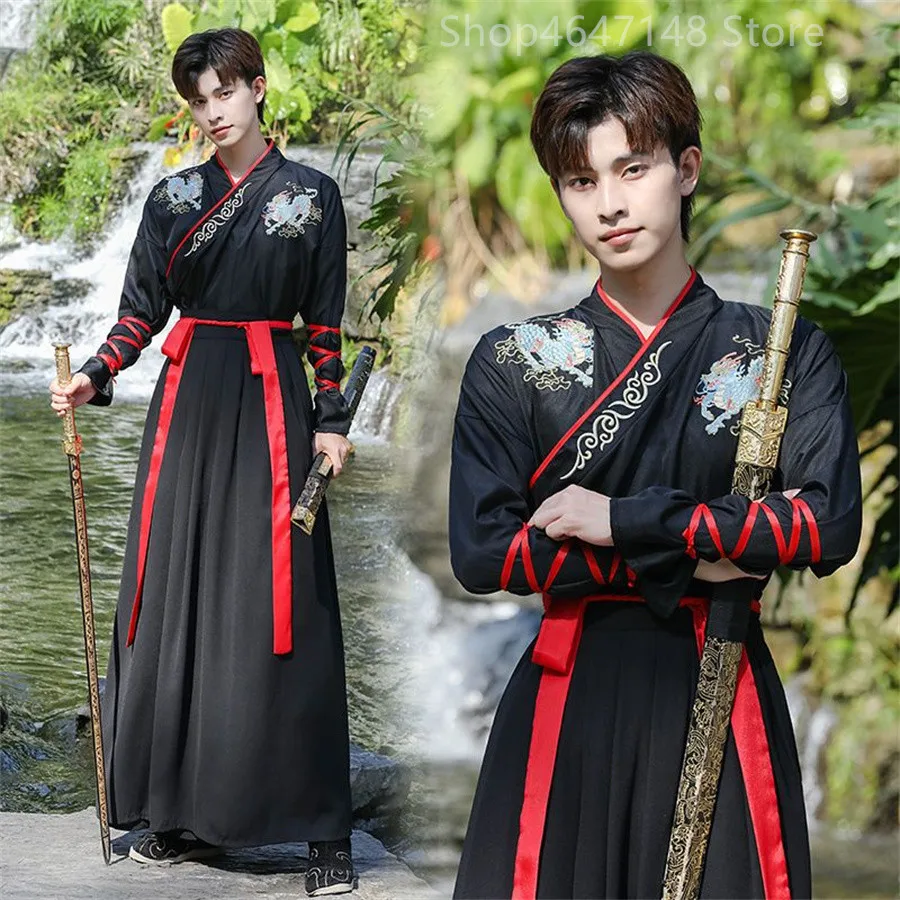 Ming Tarzı Erkek Modern Hanfu Seti Öğrenci Erkekler Wuxia Cosplay Kostüm Antik Kılıç Ustası Çin Giyim Siyah Kıyafet İlkbahar Yaz