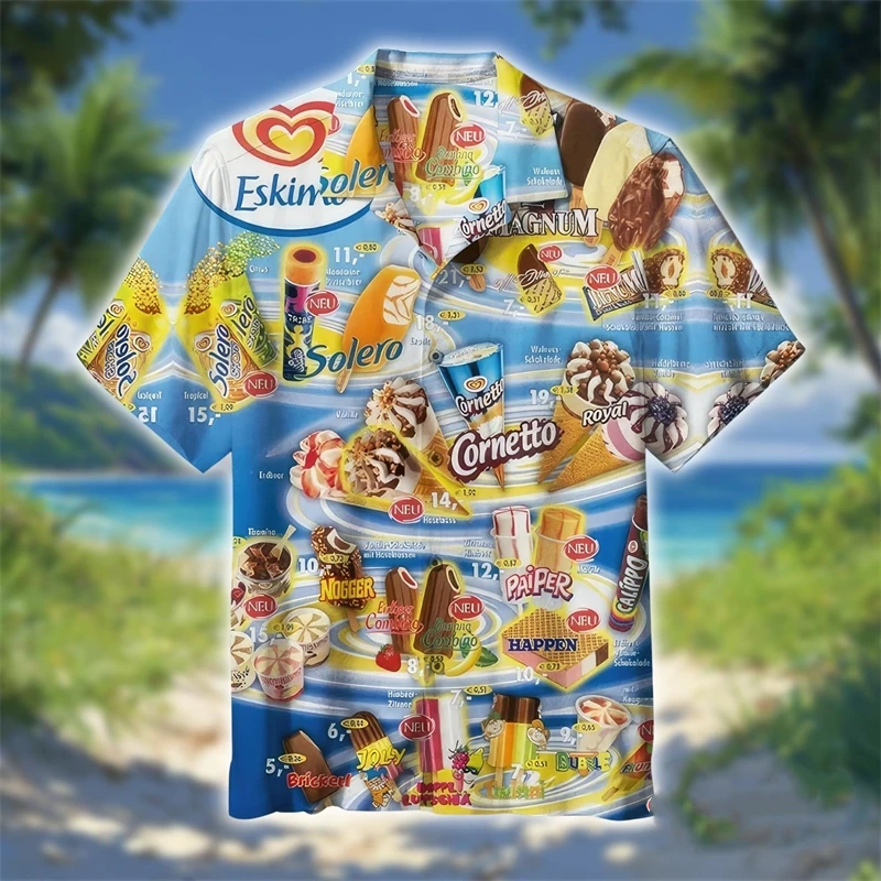 

Fashion Ice Cream Hawaiian Shirts Summer Casual Beach Vacation 3D Printed Unisex Blouses Loose Breathable Holiday Party Shirt