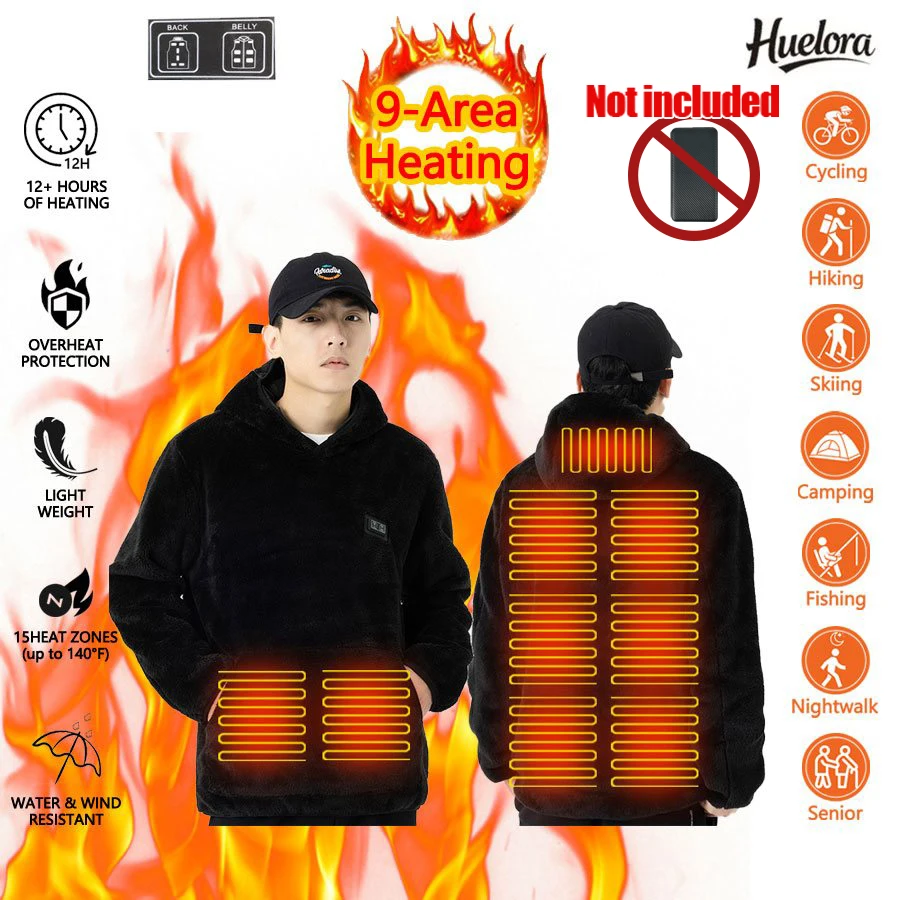 

Толстовки мужские зимние уличные 9-зонные куртки с капюшоном и подогревом с электрическим подогревом женские теплые зимние пальто (Power Bank в комплект не входит)