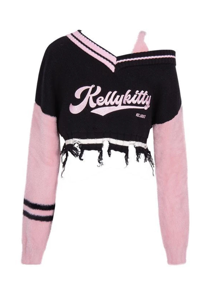 Deeptown Y2K Harajuku Pink Striped Cropped Sweater Women Fashion Embroidery Knitted Jumper Sexy V-neck Long Sleeve Pullover Tops