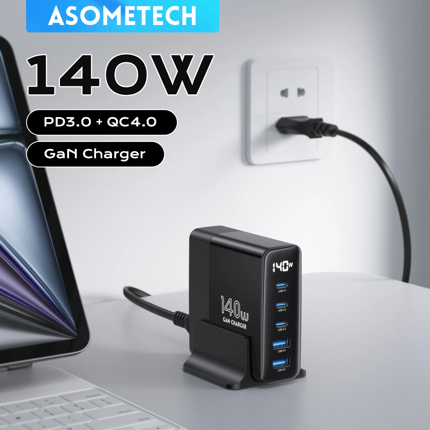 

ASOMETECH 140 Вт GaN USB-зарядное устройство 5в1 100 Вт Настольное зарядное устройство USB типа C со светодиодным дисплеем Зарядное устройство для телефона для ноутбука iPhone 17