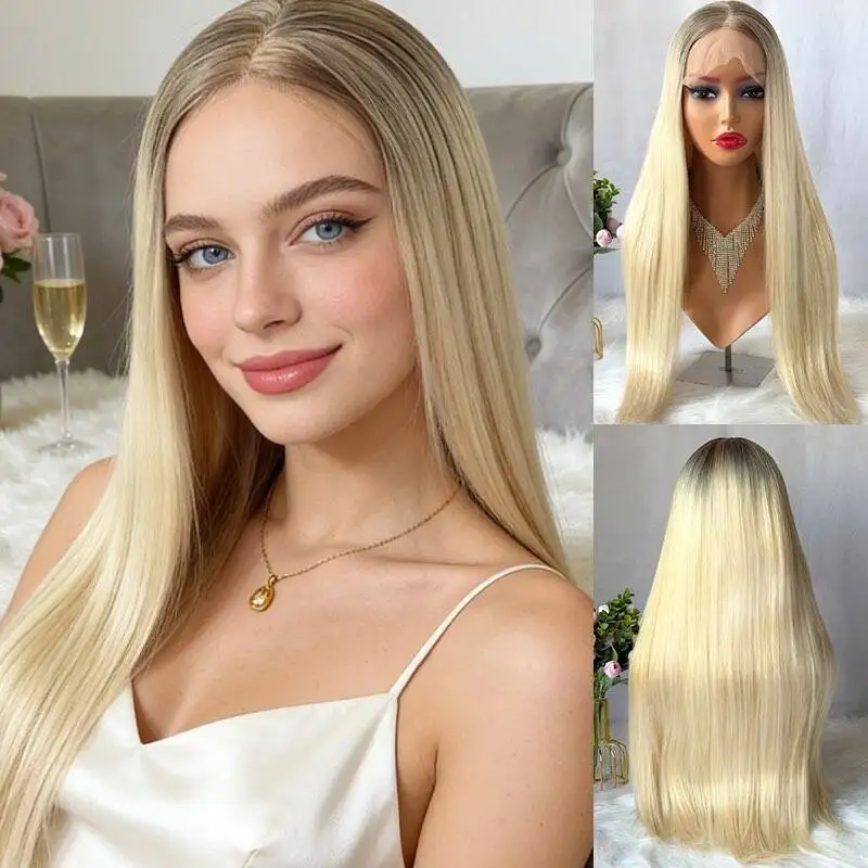 

Party Daily Ombre Golden Blonde Synthetic HD Lace Front Wig Soft Long Straight Wig Natural Preplucked Hairline with Baby Hair