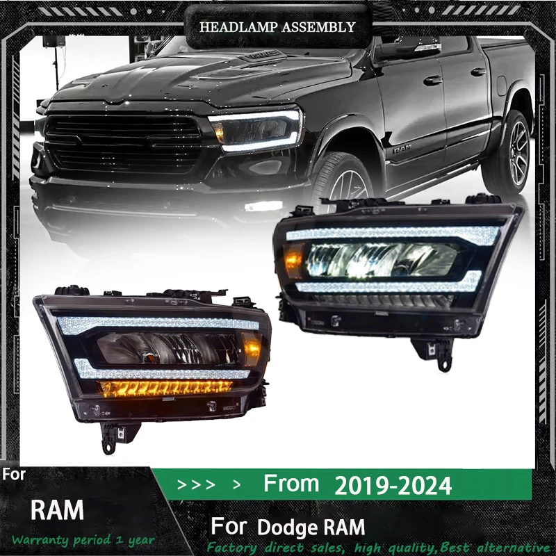 

Пара автомобильных фар в сборе для Dodge Ram 1500 2019-2024, автомобильный передний фонарь Plug & Play, автоматическая светодиодная система фар