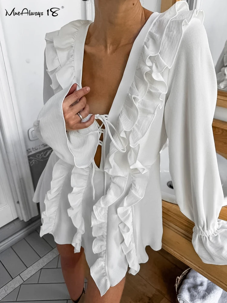 Mnealways18 Chiffon White Ruffled Dresses Women Flare Sleeves Oversize Laminated Flounces Sexy Dress Evening Party 2024 Lace-Up