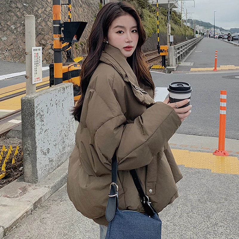 Giacca invernale imbottita in cotone Donna Coreano Streetwear Parka in cotone con risvolto versatile 2025 Cappotto in cotone con zip a maniche lunghe allentato chic